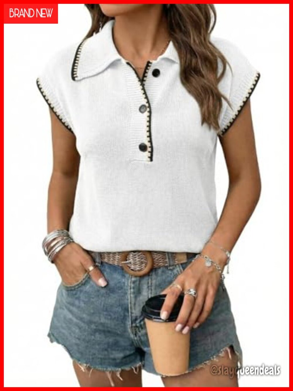 Short Sleeve Sweater Vest Oversized Loose Fit Knit Button V-Neck Casual Top